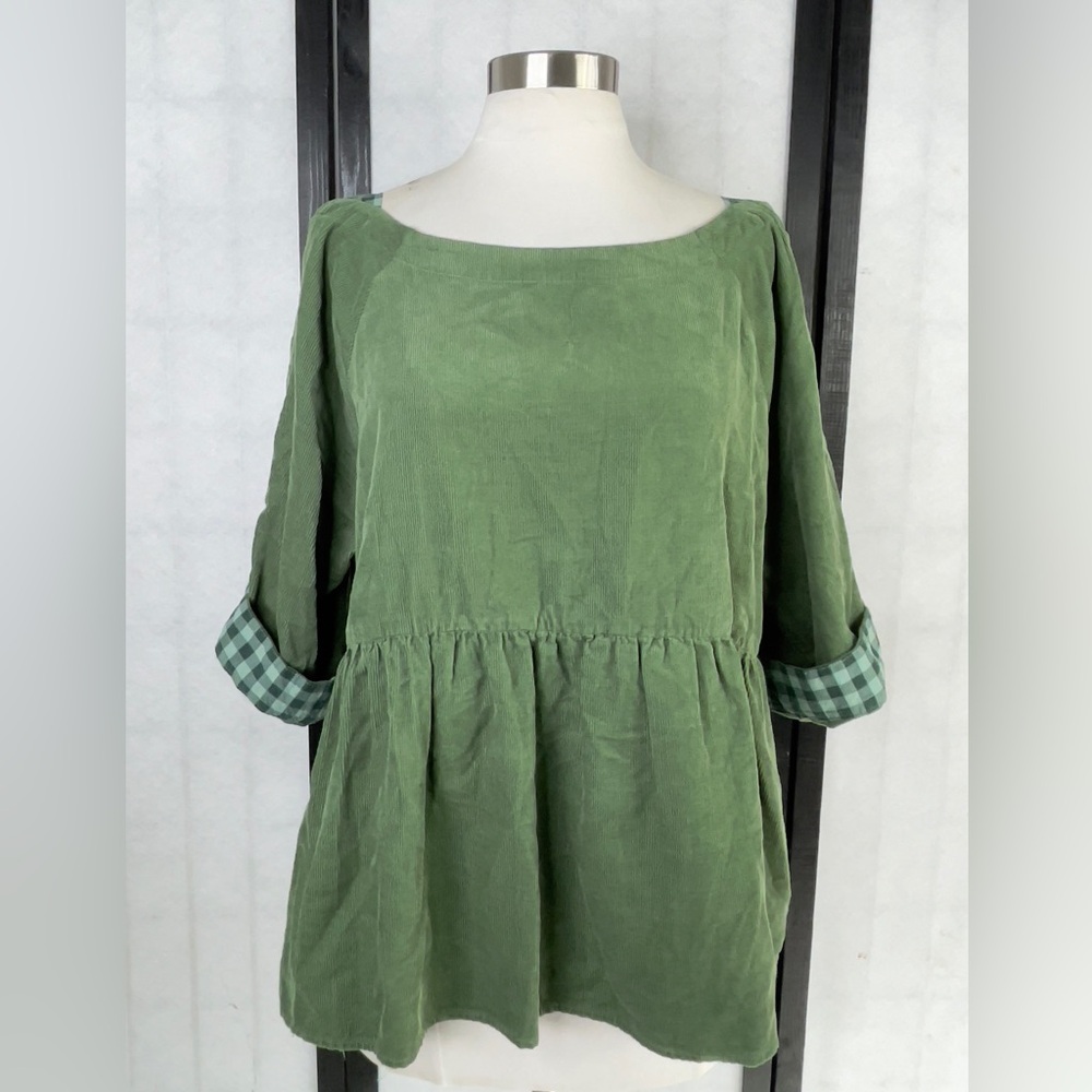 Anthropologie Green Blouse with Checkered Accents. Size: M